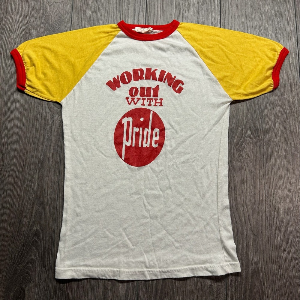 Vintage 80s Working Out With Pride Raglan T-Shirt Yellow Red White Small Canada